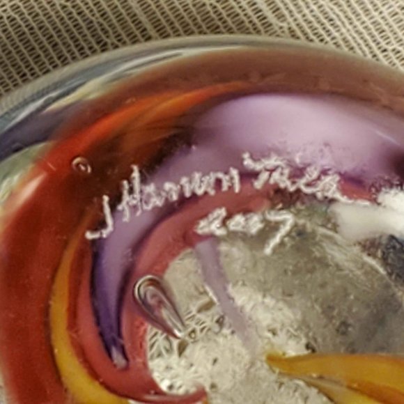 Art Glass Votive Holder Orb Paperweight 2007 Signed Lovely Color Swirls 3" Used - Picture 9 of 9